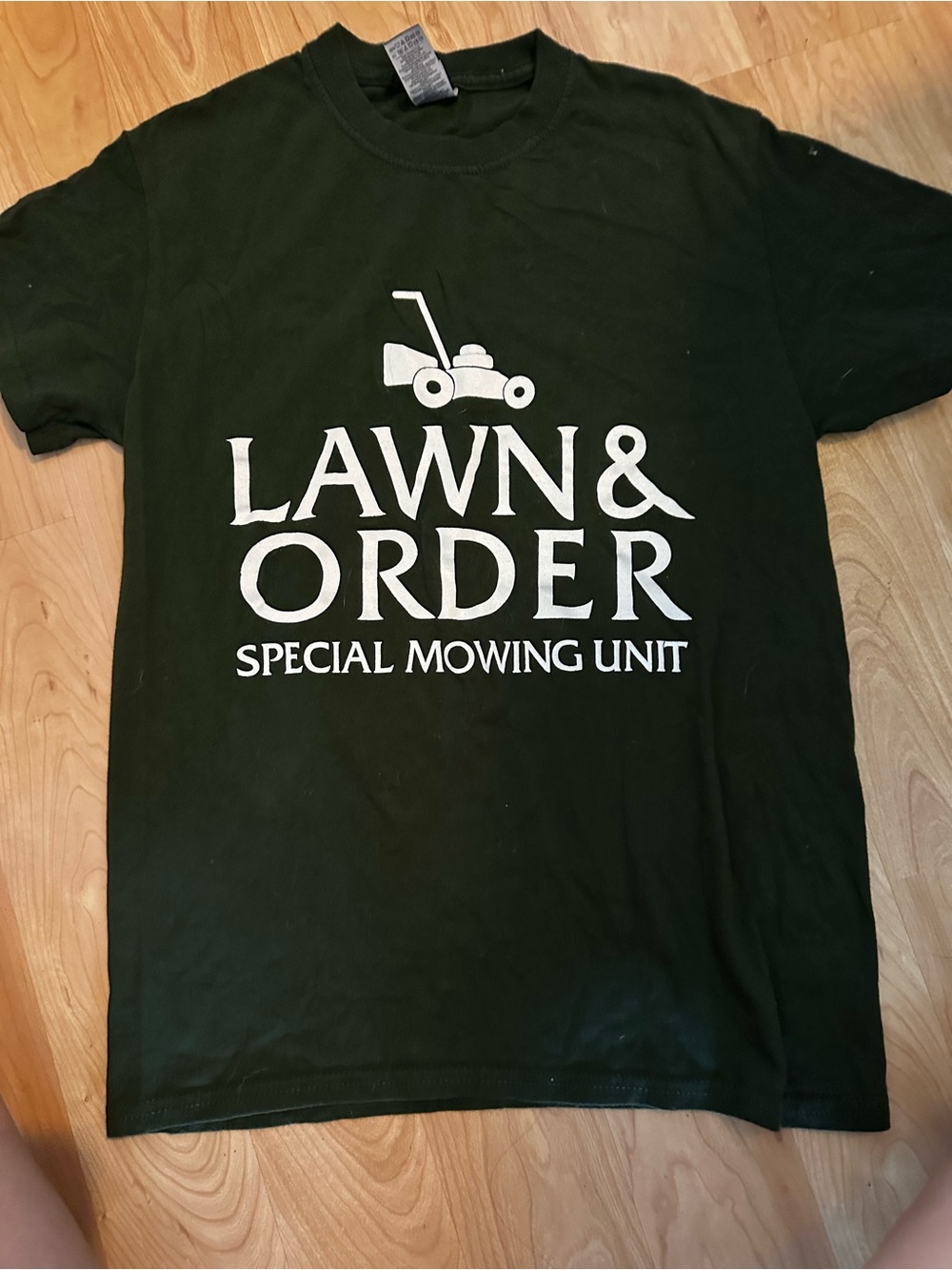 Gildan Dark Green Tee with White "Lawn & Order - Special Mowing Unit" Graphic
